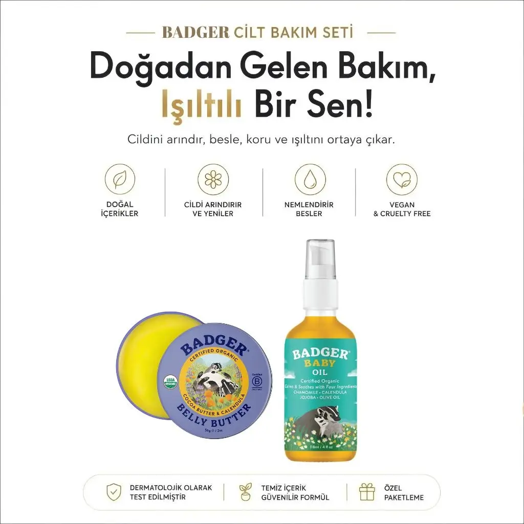 Badger Karın Bölgesi Nemlendirici Krem ve Organik Bebek Yağı Seti