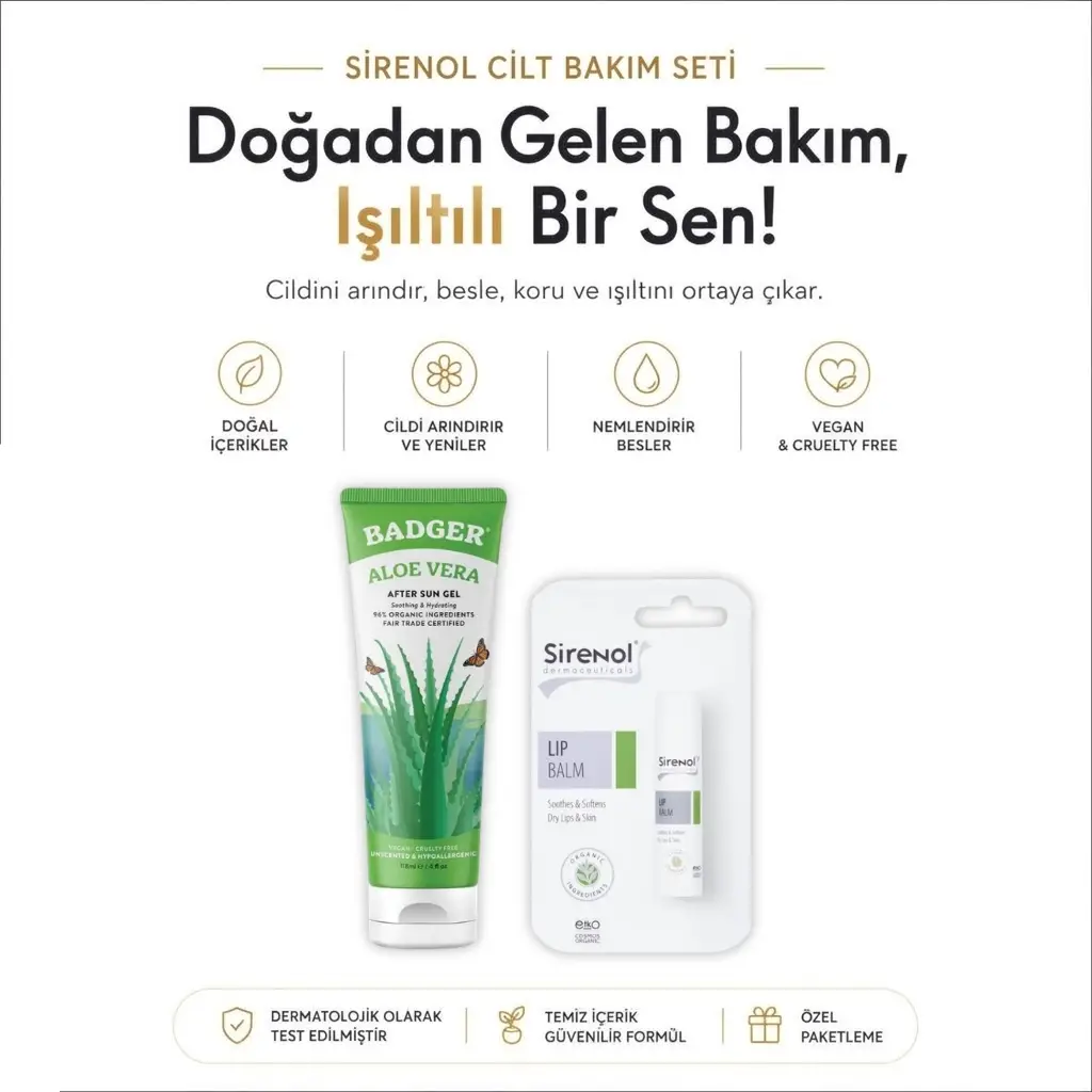 Badger Aloe Vera Jel Ve Sirenol Organik Dudak Balmı Set 118 mL / 5 mL