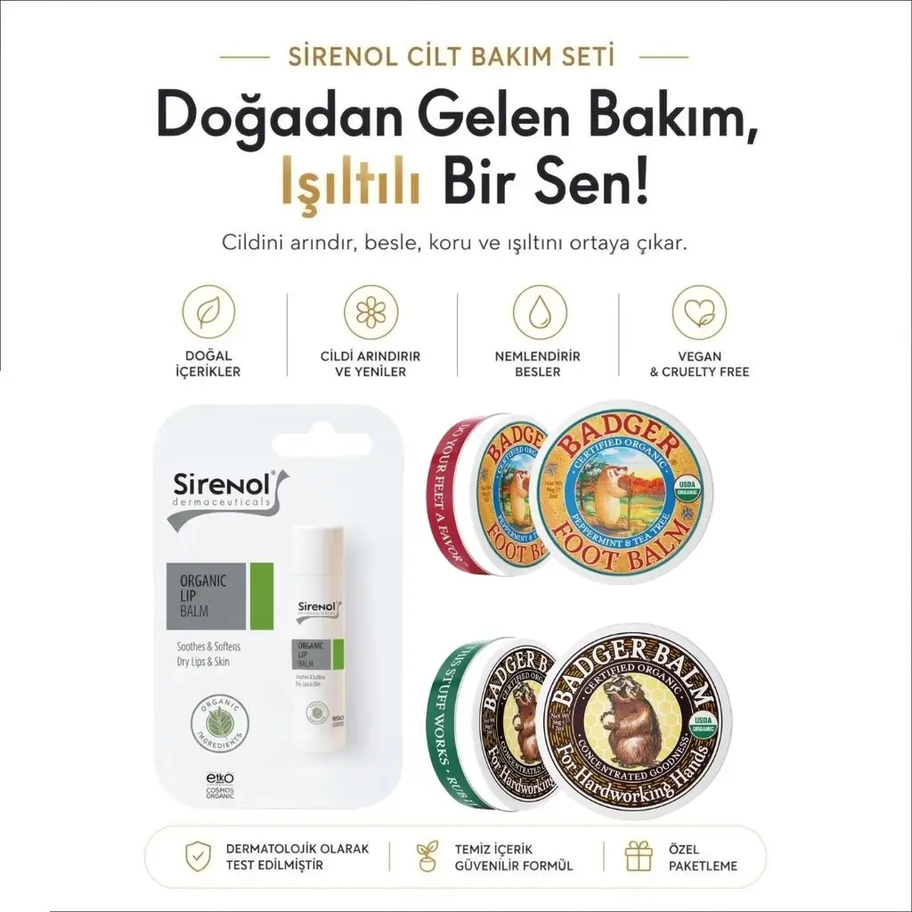 Badger Balm El Kremi, Ayak Kremi ve Hediye Sirenol Organik Dudak Balmı Set