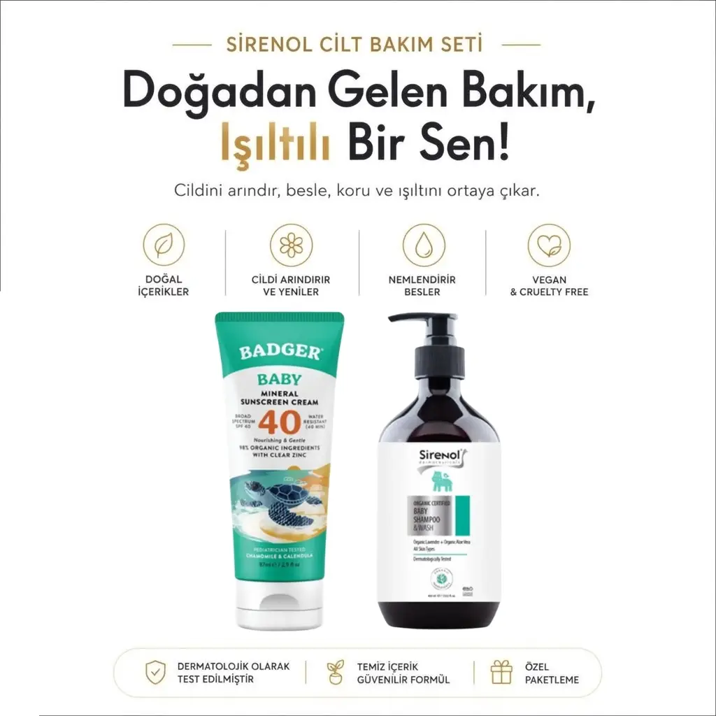 Badger Bebek Güneş Kremi SPF40 ve Sirenol Organik Bebek Şampuanı Set 87 mL / 400 mL