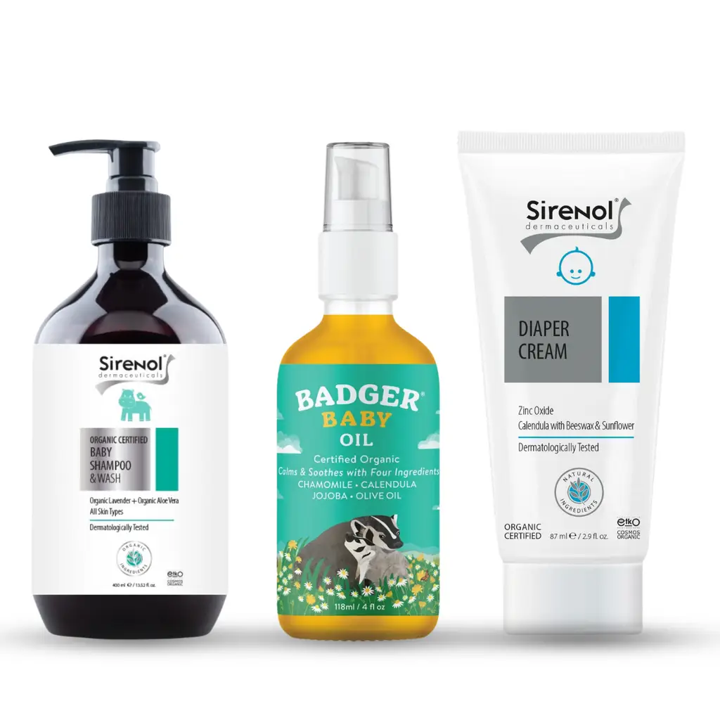 Badger Bebek Yağı ve Sirenol Organik Pişik Kremi, Bebek Şampuanı Set