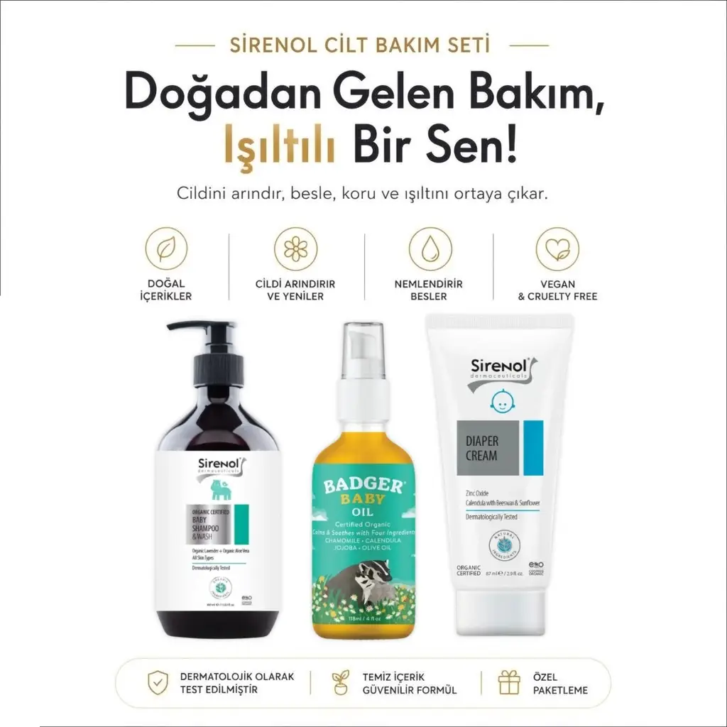 Badger Bebek Yağı ve Sirenol Organik Pişik Kremi, Bebek Şampuanı Set