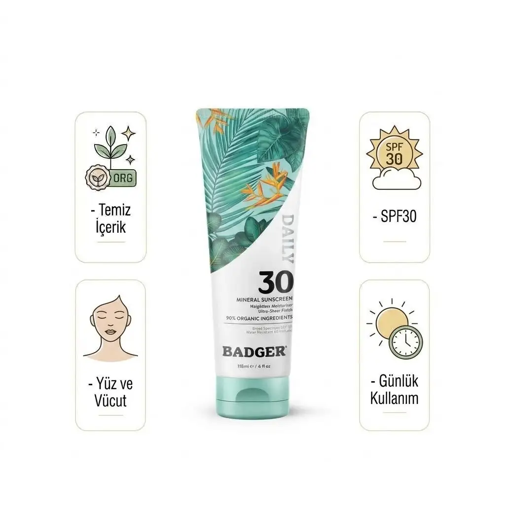 Badger Daily Mineral Güneş Kremi SPF30 | Organik & Temiz İçerikli Fiziksel Koruyucu | Beyaz İz Bırakmaz | Yüz ve Vücut