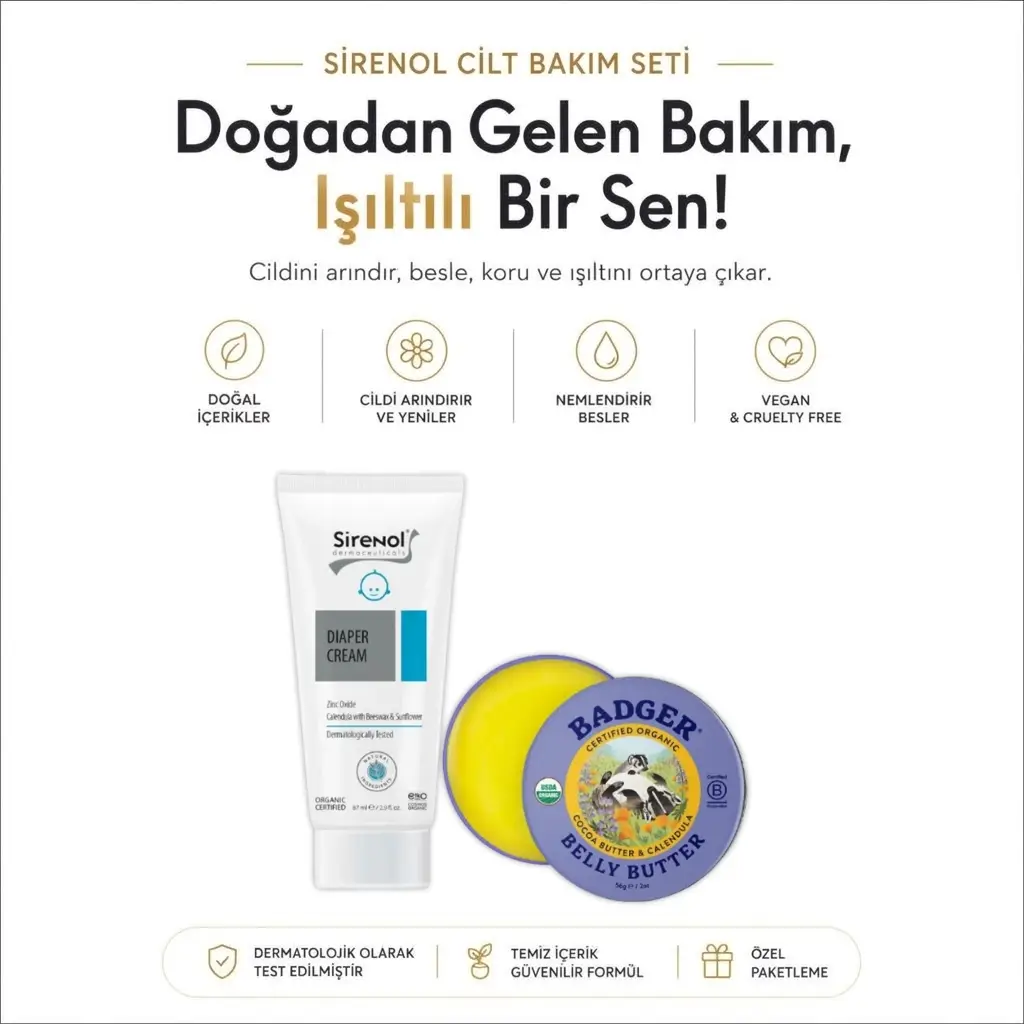 Badger Karın Bölgesi Nemlendirici Krem ve Sirenol Bebek Pişik Kremi Set