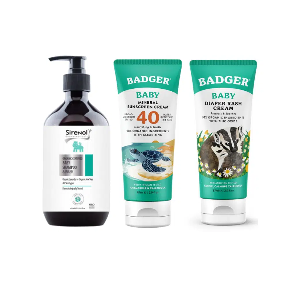 Badger Organik Bebek Güneş Kremi, Pişik Kremi ve Sirenol Organik Bebek Saç Vücut Şampuanı Set 400 mL / 87 mL / 87 mL