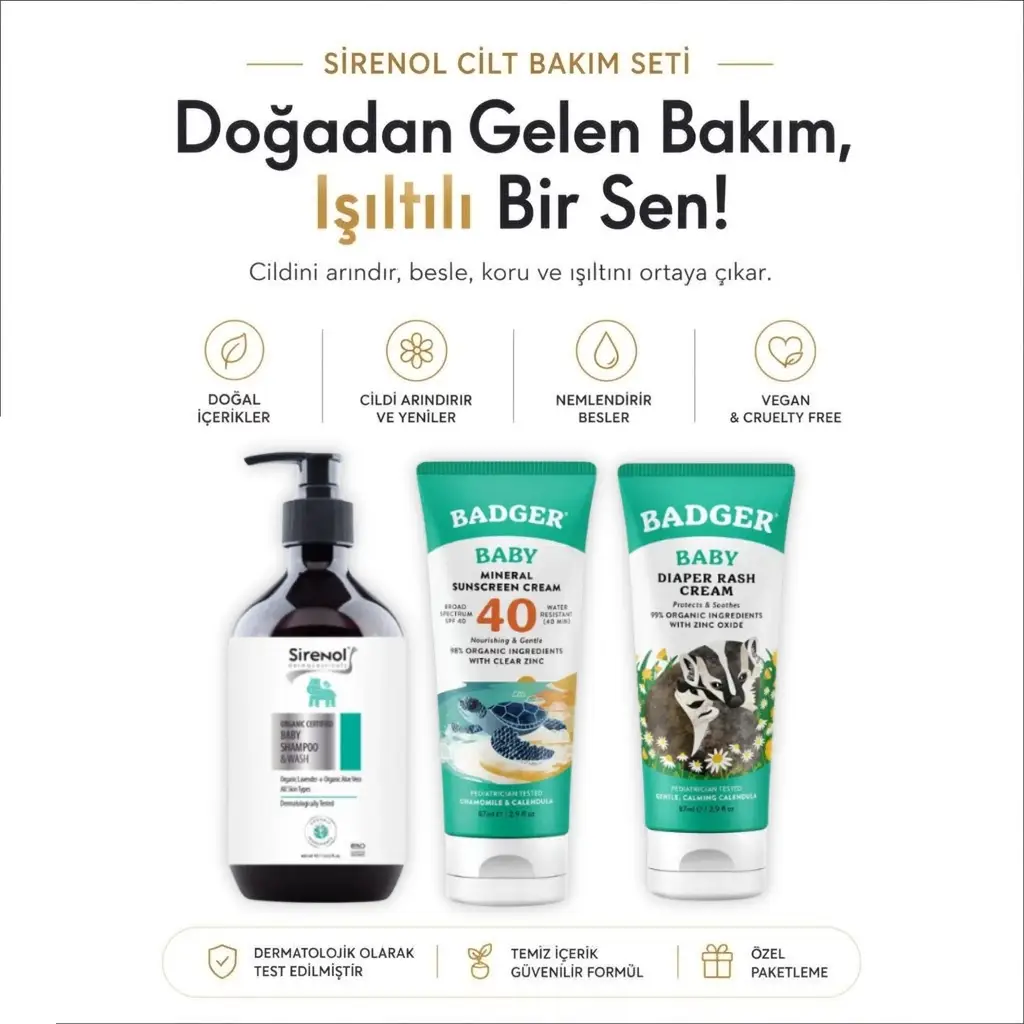 Badger Organik Bebek Güneş Kremi, Pişik Kremi ve Sirenol Organik Bebek Saç Vücut Şampuanı Set 400 mL / 87 mL / 87 mL