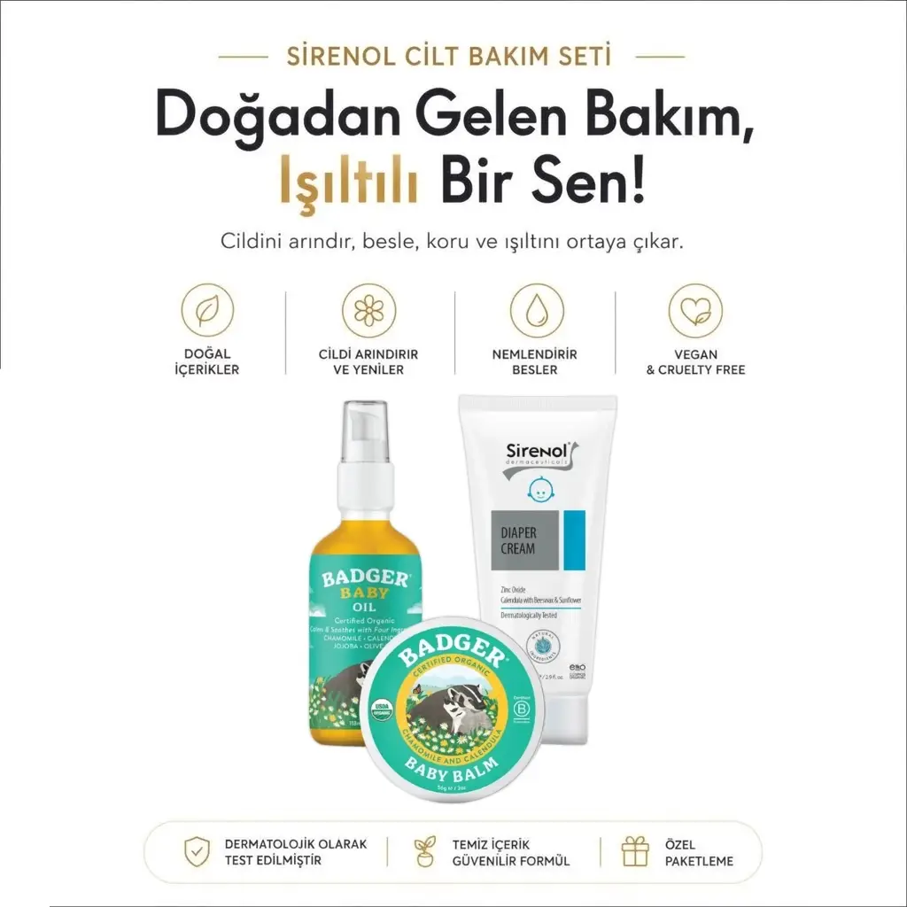 Badger Organik Bebek Yağı, Kremi ve Sirenol Organik Pişik Kremi Set