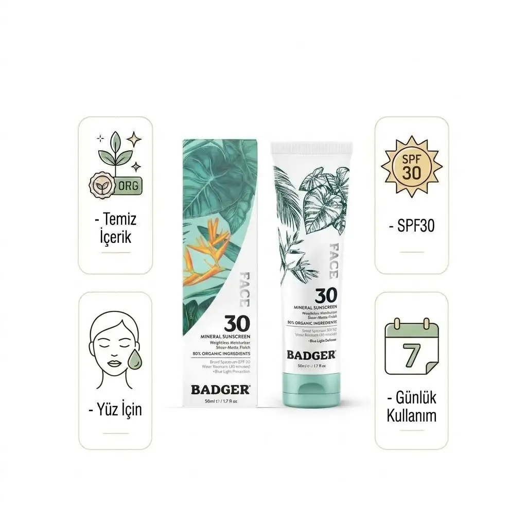 Badger Organik Yüz Güneş Kremi - SPF 30 - Mavi Işık Korumalı - Doğal Mat Bitiş - Mineral Filtre - 50 ml