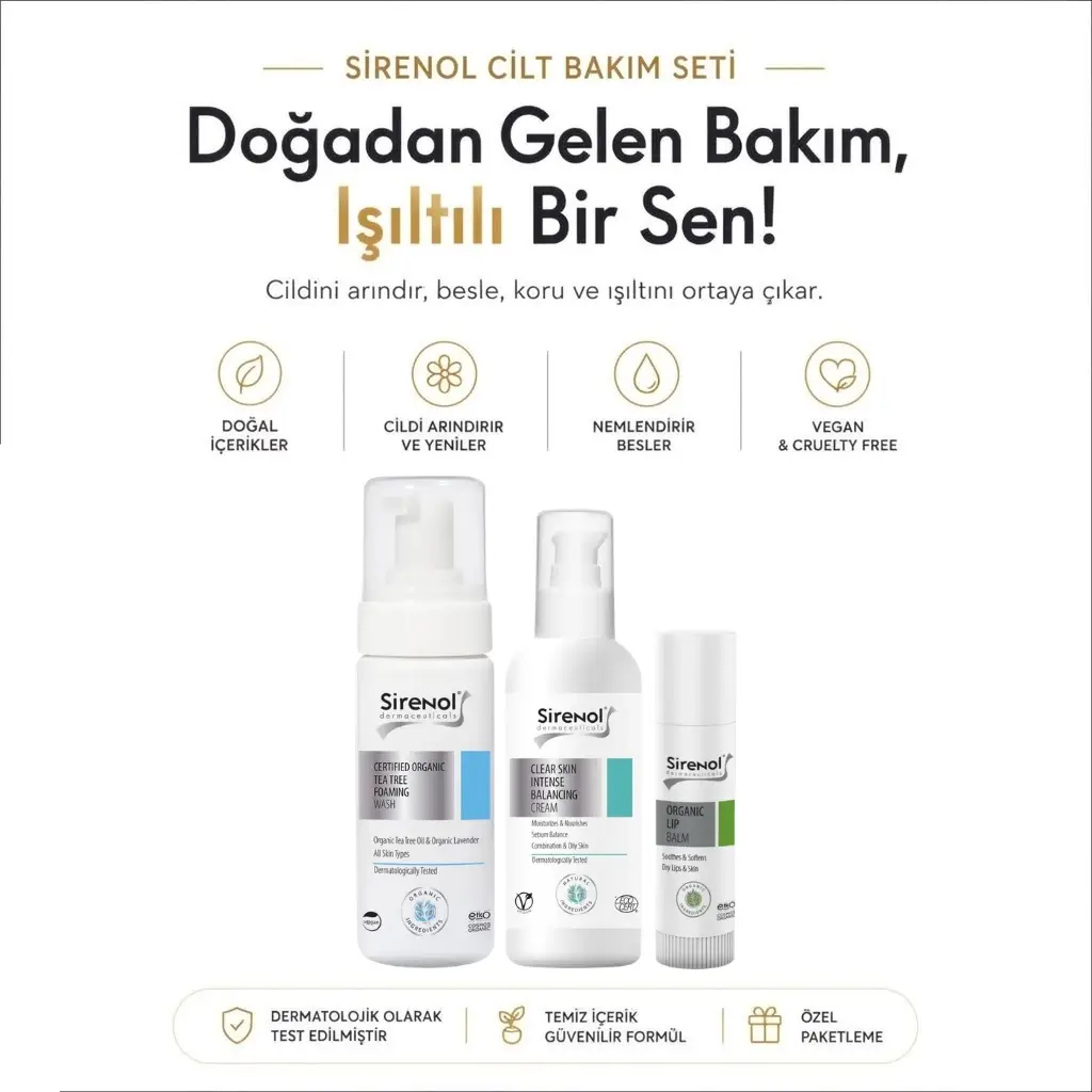 Sirenol Arındırıcı ve Dengeleyici Cilt Bakım Seti - Çay Ağacı Köpük, Krem ve Dudak Balmı 3’lü Paket