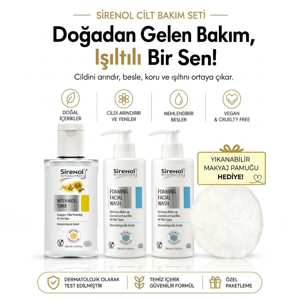 Sirenol Doğal Cadı Fındığı Cilt Sıkılaştırıcı Tonik ve 2'li Yüz Yıkama Köpüğü Set (1 Adet Ped Hediyelidir)