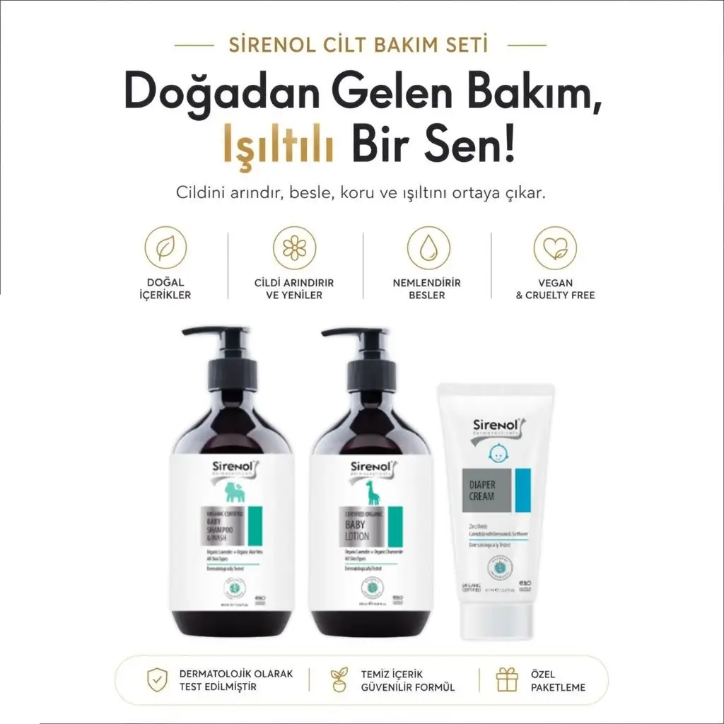 Sirenol Organik Bebek Şampuanı, Losyonu ve Organik Pişik Kremi Set 400 mL / 250 mL / 87 mL
